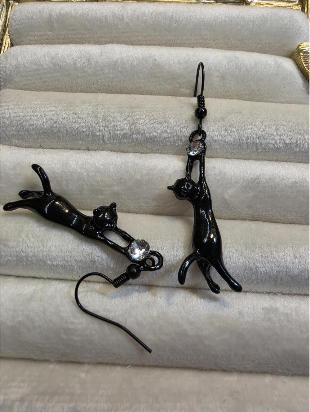 Cute Black Cat Dangle Earrings with Rhinestone Accent - Picture 2 of 3